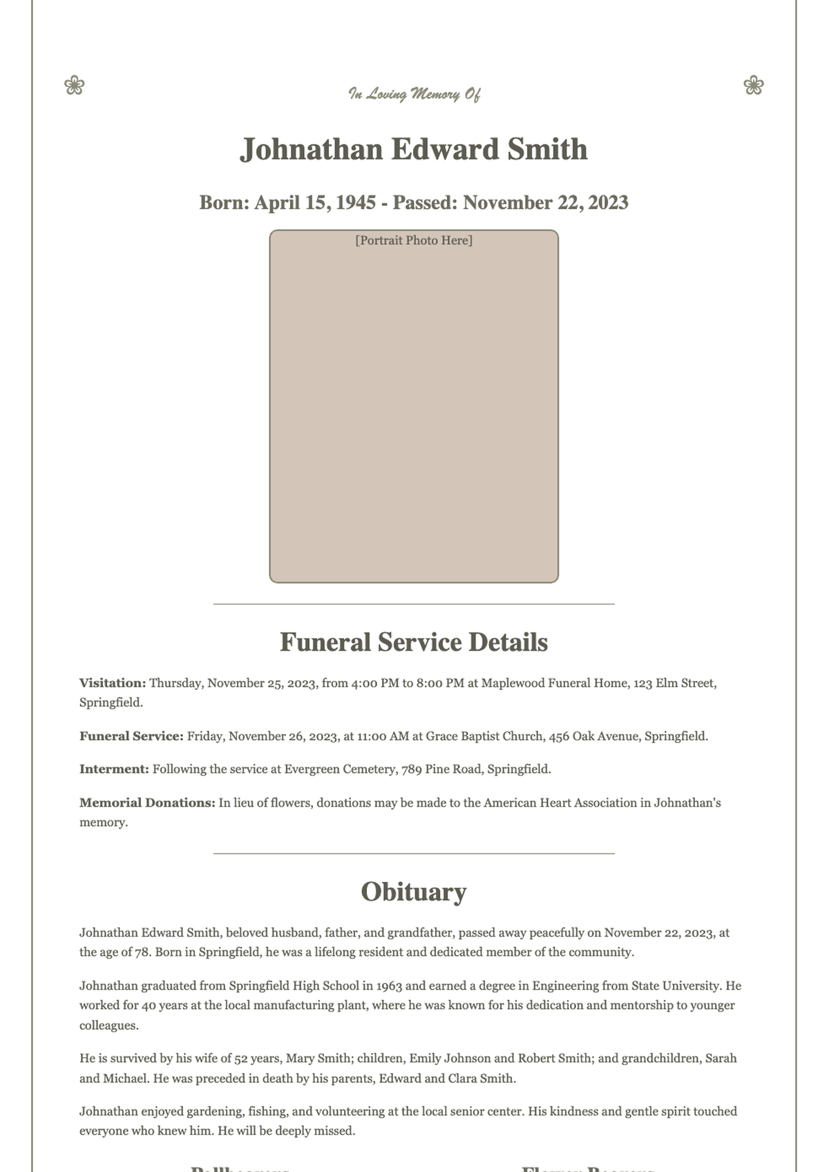 Elegant funeral program with floral borders and obituary details_variant_1